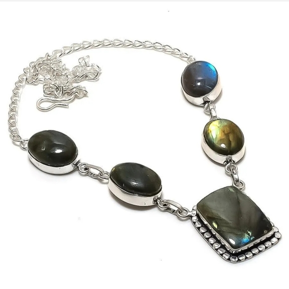 Sterling Silver antiqued genuine stunning flash labradorite boho necklace 18" - Picture 1 of 2